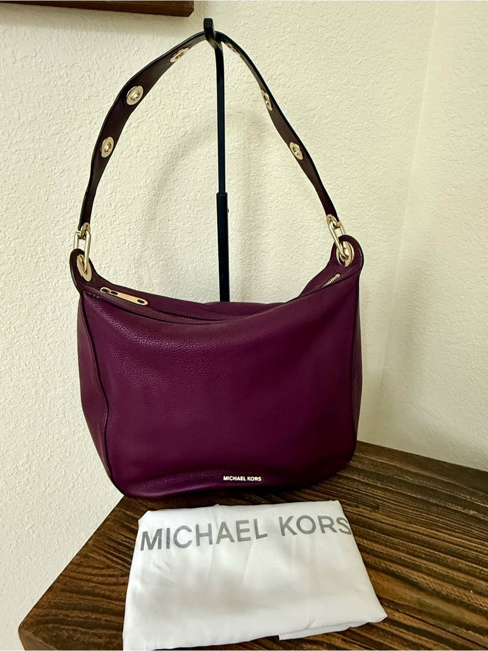 Michael Kors Pebbled Leather Grommet Strap Hobo Shoulder Bag – Plum/Burgundy